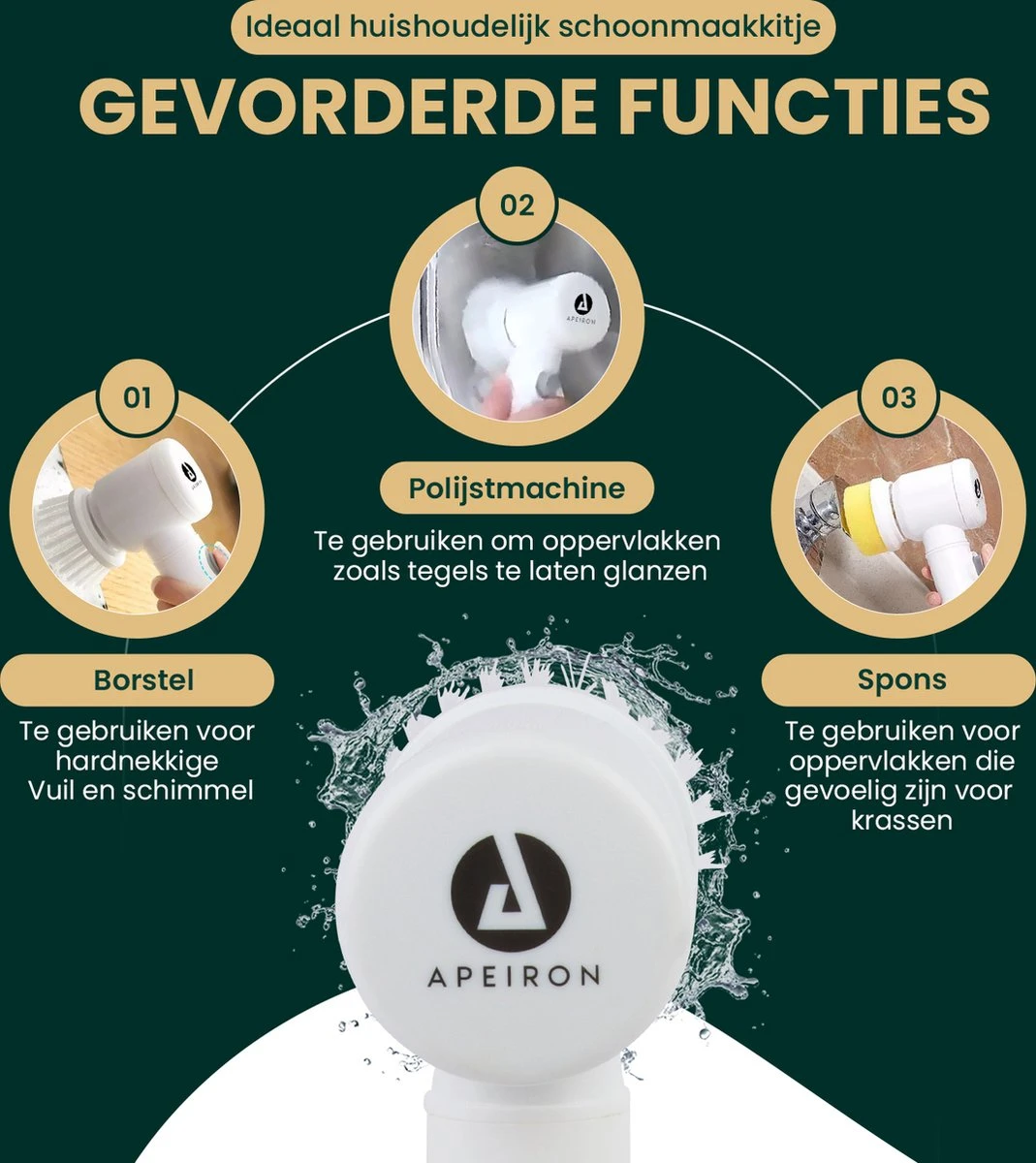 Apeiron Elektrische Schoonmaakborstel - Poetsmachine - Poliermachine - Schrobborstel - Handborstel - Werkborstel - Schrobber - Boorborstel - Wasborstel - Schoonmaakmiddelen - Reinigingsborstel - 3 Opzetstukken - Afbeelding 2
