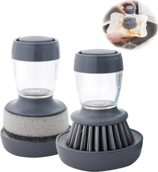 Afwasborstel Met Zeepdispenser – Met 3 Verschillende Opzet Stukken – Inclusief Houder – Grijs – Afwas Borstel Zeepreservoir – Zeep Handborstel – Doseerpomp – Afwasmiddel Dispenser – Navulbaar - Afbeelding 5