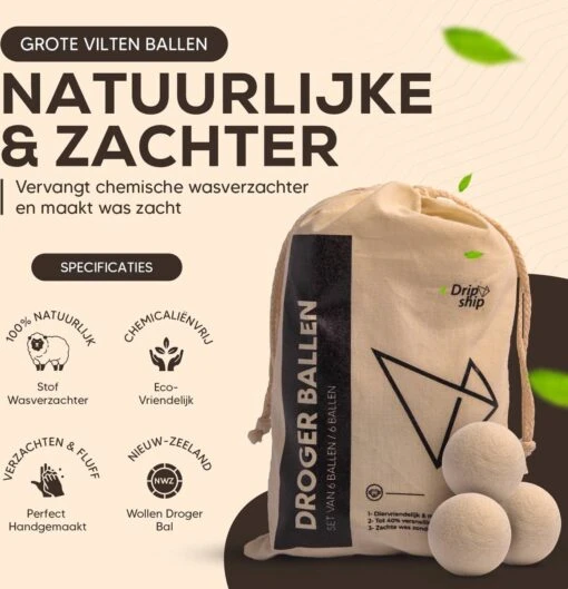 Drogerballen - Droogballen - Wasdrogerballen - Dryerballs - 6 Stuks - XL Formaat - Wol - Set - Afbeelding 2