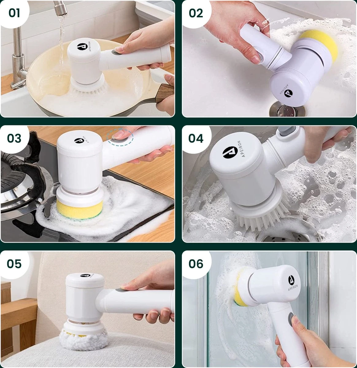 Apeiron Elektrische Schoonmaakborstel - Poetsmachine - Poliermachine - Schrobborstel - Handborstel - Werkborstel - Schrobber - Boorborstel - Wasborstel - Schoonmaakmiddelen - Reinigingsborstel - 3 Opzetstukken - Afbeelding 3