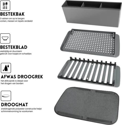 Afdruiprek Met Lekbak - Inclusief Afdruipmat - Opvouwbaar - Afwasrek Met Uitneembare Bestekhouder - Voor Bestek, Borden, Pannen En Schalen - Afbeelding 6