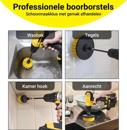 Merkloos 4-delige Borstelset Voor Boormachine - Inclusief Verlengstuk - Opzetborstels - Schrobborstel - Schuurborstel - Schoonmaakborstel - Tapijtreiniger - Brush - Geel - Gratis Verzending - Afbeelding 2