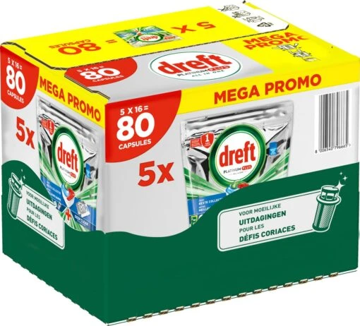 Dreft Platinum Plus All In One Deep Clean - Vaatwastabletten - Voordeelverpakking 5 X 16 Stuks