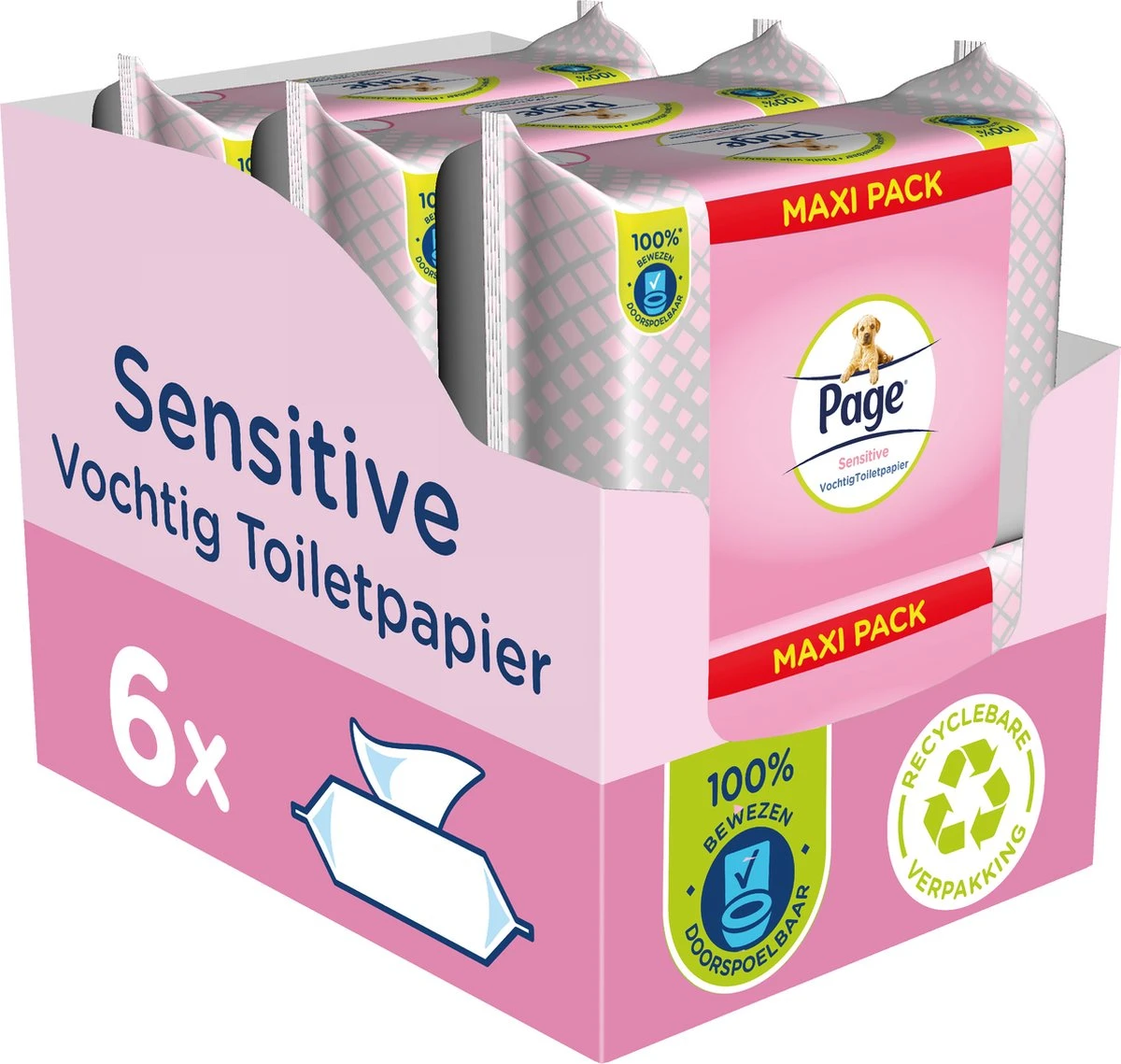 Page Vochtig Toiletpapier - 6 X 74 Stuks - Sensitive Maxi Vochtig Wc Papier - Voordeelverpakking - Afbeelding 2