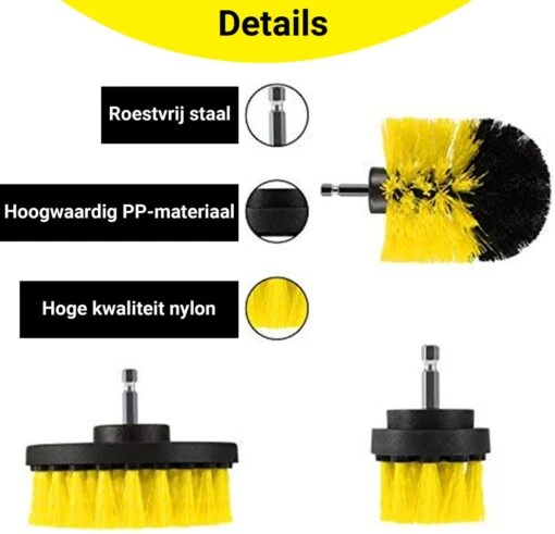 Merkloos 4-delige Borstelset Voor Boormachine - Inclusief Verlengstuk - Opzetborstels - Schrobborstel - Schuurborstel - Schoonmaakborstel - Tapijtreiniger - Brush - Geel - Gratis Verzending - Afbeelding 5