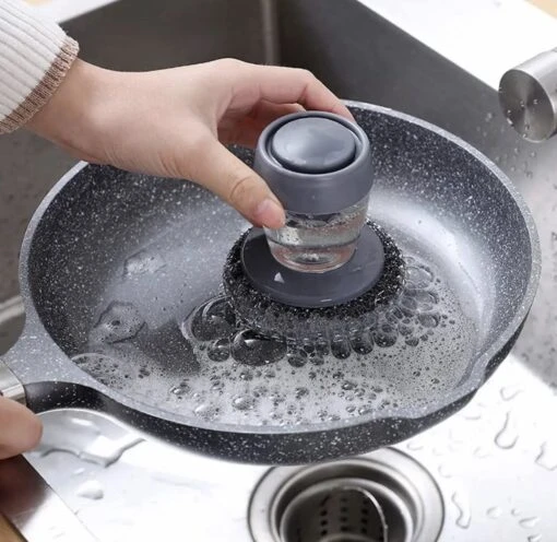 Afwasborstel Met Zeepdispenser – Met 3 Verschillende Opzet Stukken – Inclusief Houder – Grijs – Afwas Borstel Zeepreservoir – Zeep Handborstel – Doseerpomp – Afwasmiddel Dispenser – Navulbaar - Afbeelding 4