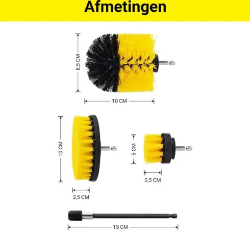 Merkloos 4-delige Borstelset Voor Boormachine - Inclusief Verlengstuk - Opzetborstels - Schrobborstel - Schuurborstel - Schoonmaakborstel - Tapijtreiniger - Brush - Geel - Gratis Verzending - Afbeelding 4