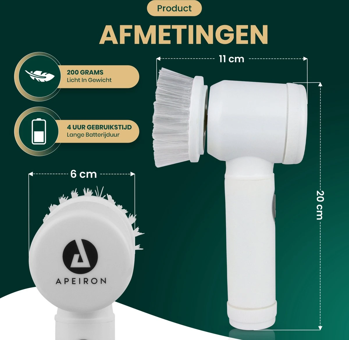 Apeiron Elektrische Schoonmaakborstel - Poetsmachine - Poliermachine - Schrobborstel - Handborstel - Werkborstel - Schrobber - Boorborstel - Wasborstel - Schoonmaakmiddelen - Reinigingsborstel - 3 Opzetstukken - Afbeelding 5
