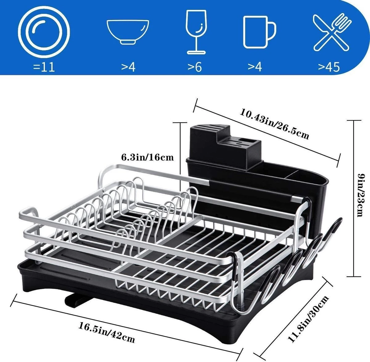 Doogo® Afdruiprek Met Bestekkorf En Lekbak Voor Keukenborden En Bestek Afdruiprek Met Draaibare Uitloop - Afbeelding 4