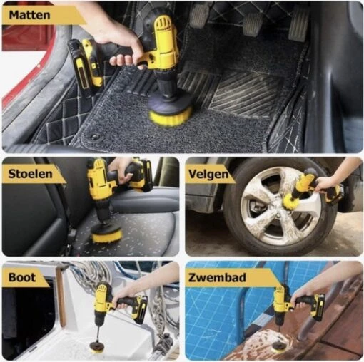 Merkloos 4-delige Borstelset Voor Boormachine - Inclusief Verlengstuk - Opzetborstels - Schrobborstel - Schuurborstel - Schoonmaakborstel - Tapijtreiniger - Brush - Geel - Gratis Verzending - Afbeelding 10