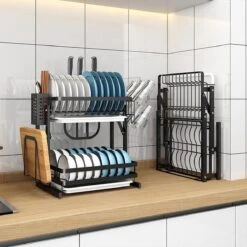 TammaT - Afdruiprek Met Lekbak 2 Laags – Inklapbaar - Afwasrek – Met 2 Lekbakken – Extra Accessories Voor Servies En Snijplanken - RVS - 38x35x26,5cm