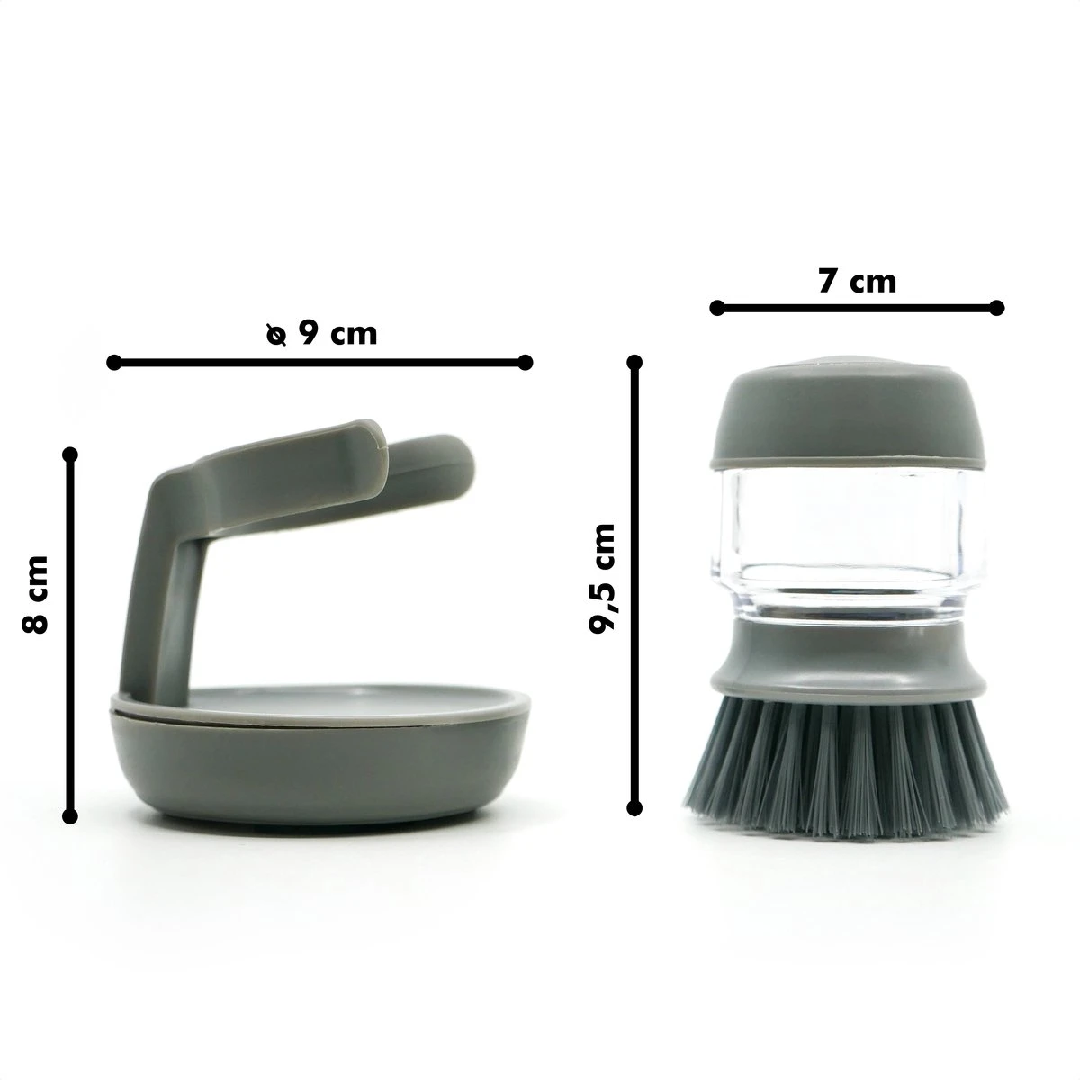 In Round Afwasborstel Met Zeepdispenser / Zeepreservoir – Inclusief Houder – Grijs – Afwas Borstel – Zeep Handborstel – Doseerpomp – Afwasmiddel Dispenser – Navulbaar - Afbeelding 4