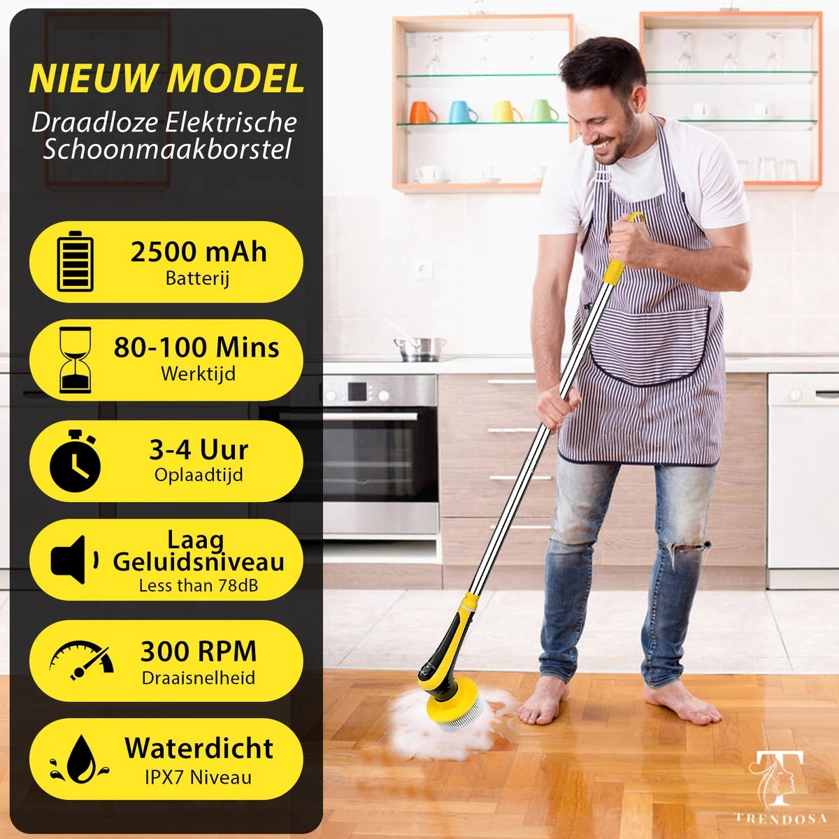 Trendosa Elektrische Schoonmaakborstel - Elektrische Schrobborstel - Poetsmachine - Handborstel - Scrubber- De Badkamer/Keuken/Auto- 10 Opzetstukken Geel - Afbeelding 7