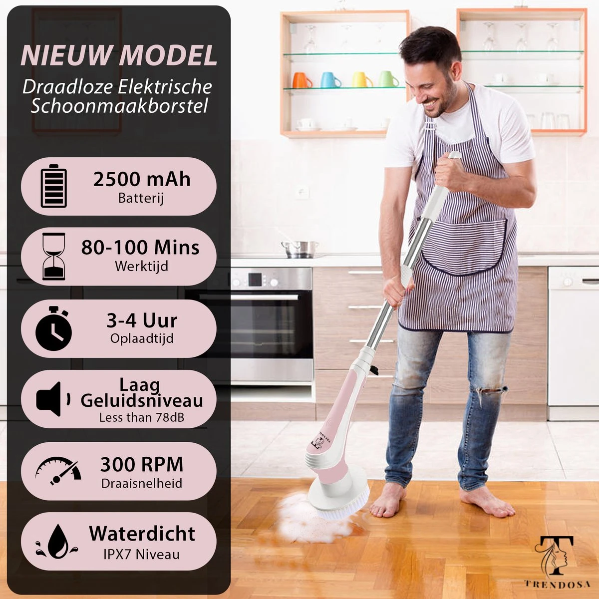 Trendosa Elektrische Schoonmaakborstel - Elektrische Schrobborstel - Poetsmachine - Handborstel - Scrubber- De Badkamer/Keuken/Auto- Roze - Afbeelding 5