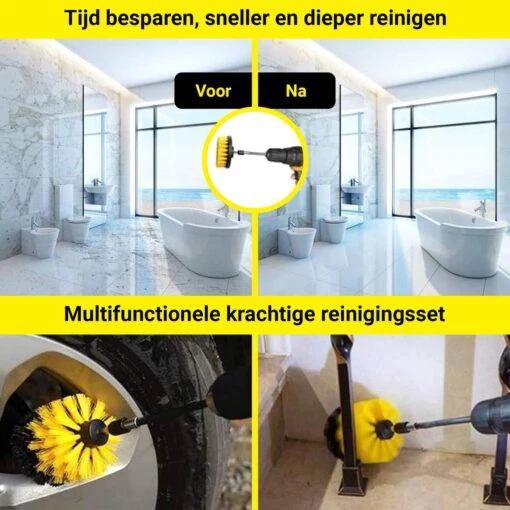 Merkloos 4-delige Borstelset Voor Boormachine - Inclusief Verlengstuk - Opzetborstels - Schrobborstel - Schuurborstel - Schoonmaakborstel - Tapijtreiniger - Brush - Geel - Gratis Verzending - Afbeelding 6