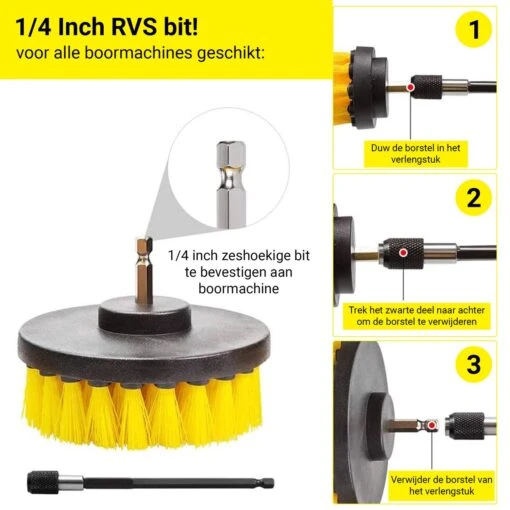 Merkloos 4-delige Borstelset Voor Boormachine - Inclusief Verlengstuk - Opzetborstels - Schrobborstel - Schuurborstel - Schoonmaakborstel - Tapijtreiniger - Brush - Geel - Gratis Verzending - Afbeelding 7