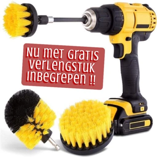 Merkloos 4-delige Borstelset Voor Boormachine - Inclusief Verlengstuk - Opzetborstels - Schrobborstel - Schuurborstel - Schoonmaakborstel - Tapijtreiniger - Brush - Geel - Gratis Verzending - Afbeelding 9
