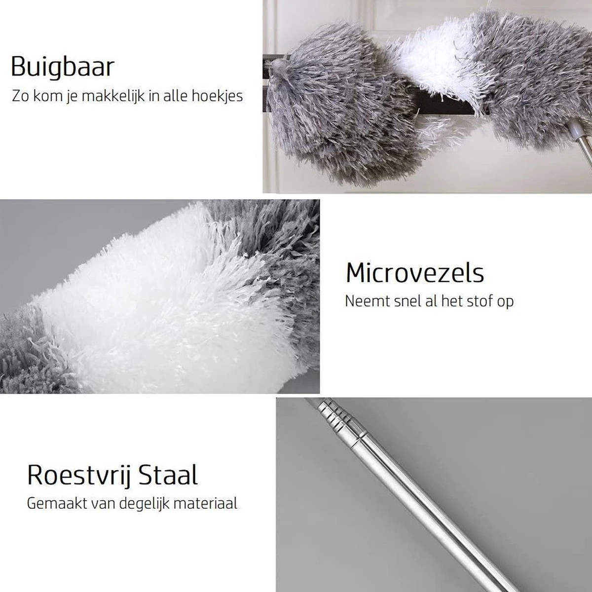 Vannons - Plumeau - Ragebol - Plumeau Uitschuifbaar Tot 245 Cm - Met Telescoopsteel - Wasbaar Microvezel - Grijs Wit - Afbeelding 4