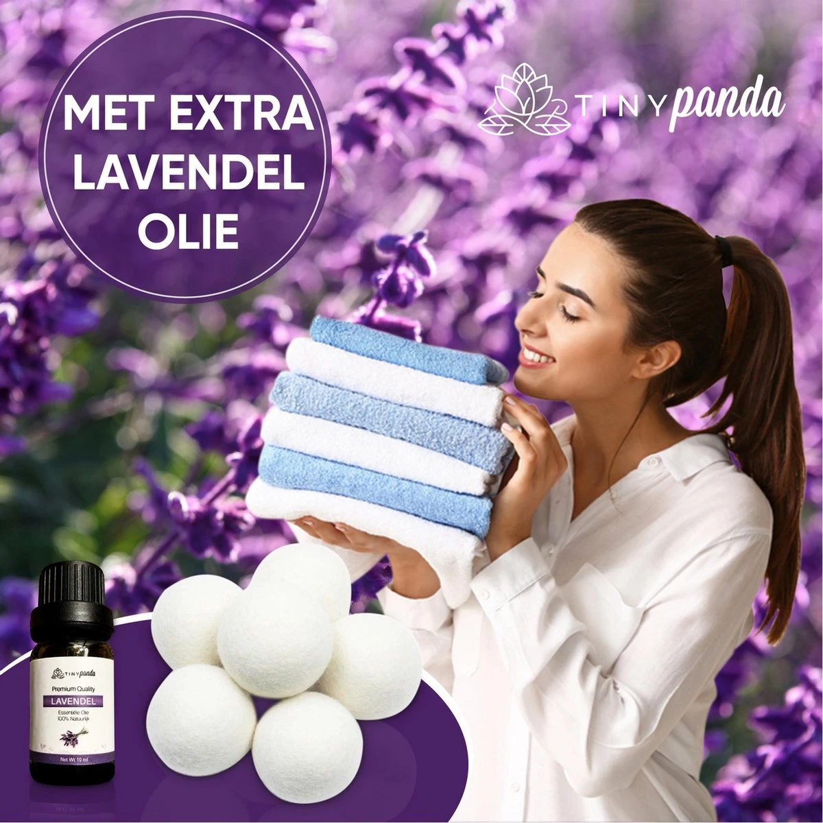 Merkloos Droger Ballen XL 6 Stuks Inclusief Lavendelolie – Zero Waste Dryer Balls - Duurzaam – Wasverzachter – Herbruikbare Drogerballen – Droogt De Was Sneller – Tiny Panda - Afbeelding 8