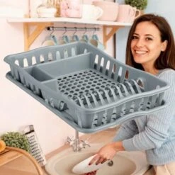 Merkloos Decopatent® Afdruiprek Voor Afwas - Afdruiprekje Met Lekbak - Kunststof Afdruipmat - Afwassen Borden & Bestek - 32.5x49x9 - Grijs
