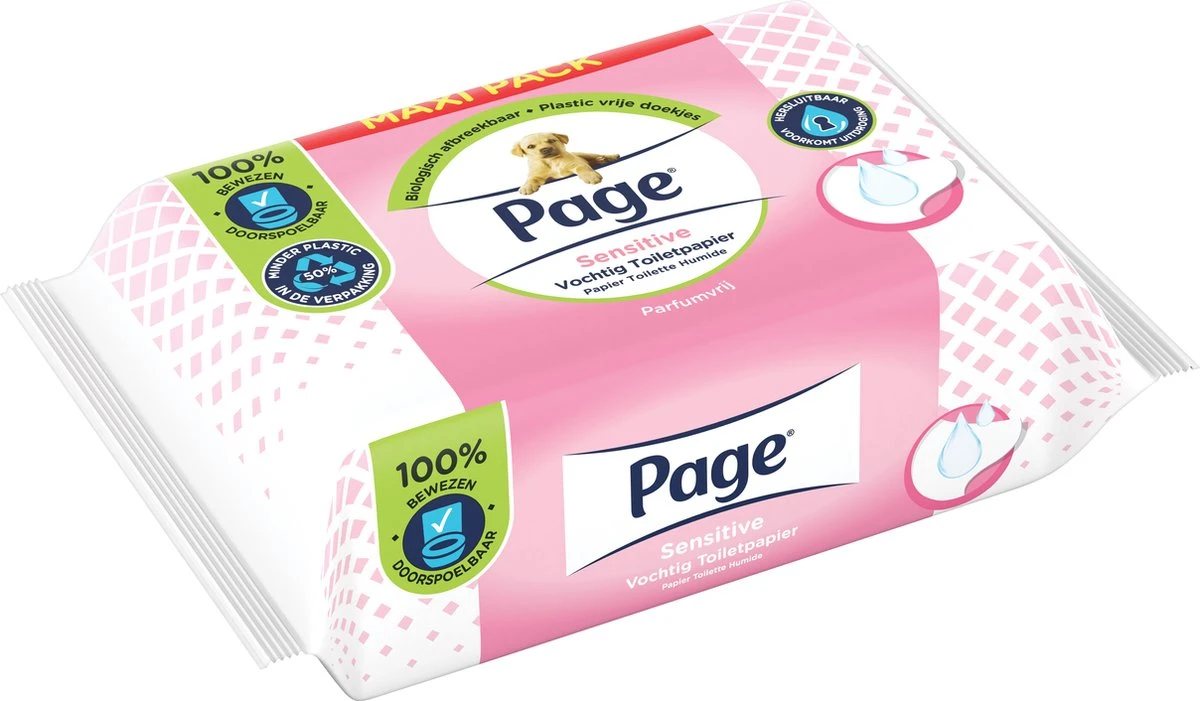 Page Vochtig Toiletpapier - 6 X 74 Stuks - Sensitive Maxi Vochtig Wc Papier - Voordeelverpakking - Afbeelding 3