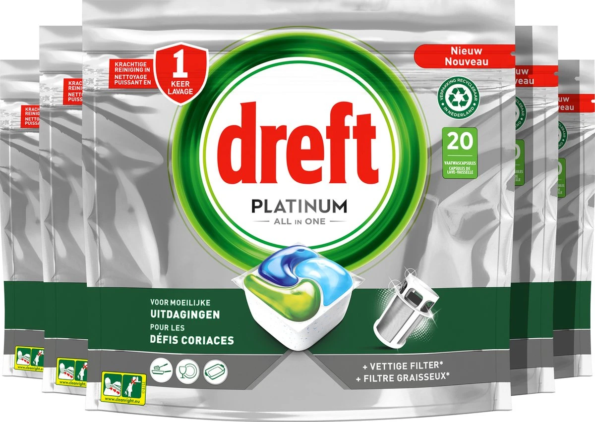 Dreft Platinum All In One - Vaatwascapsules - Original - Voordeelverpakking 5 X 20 Capsules