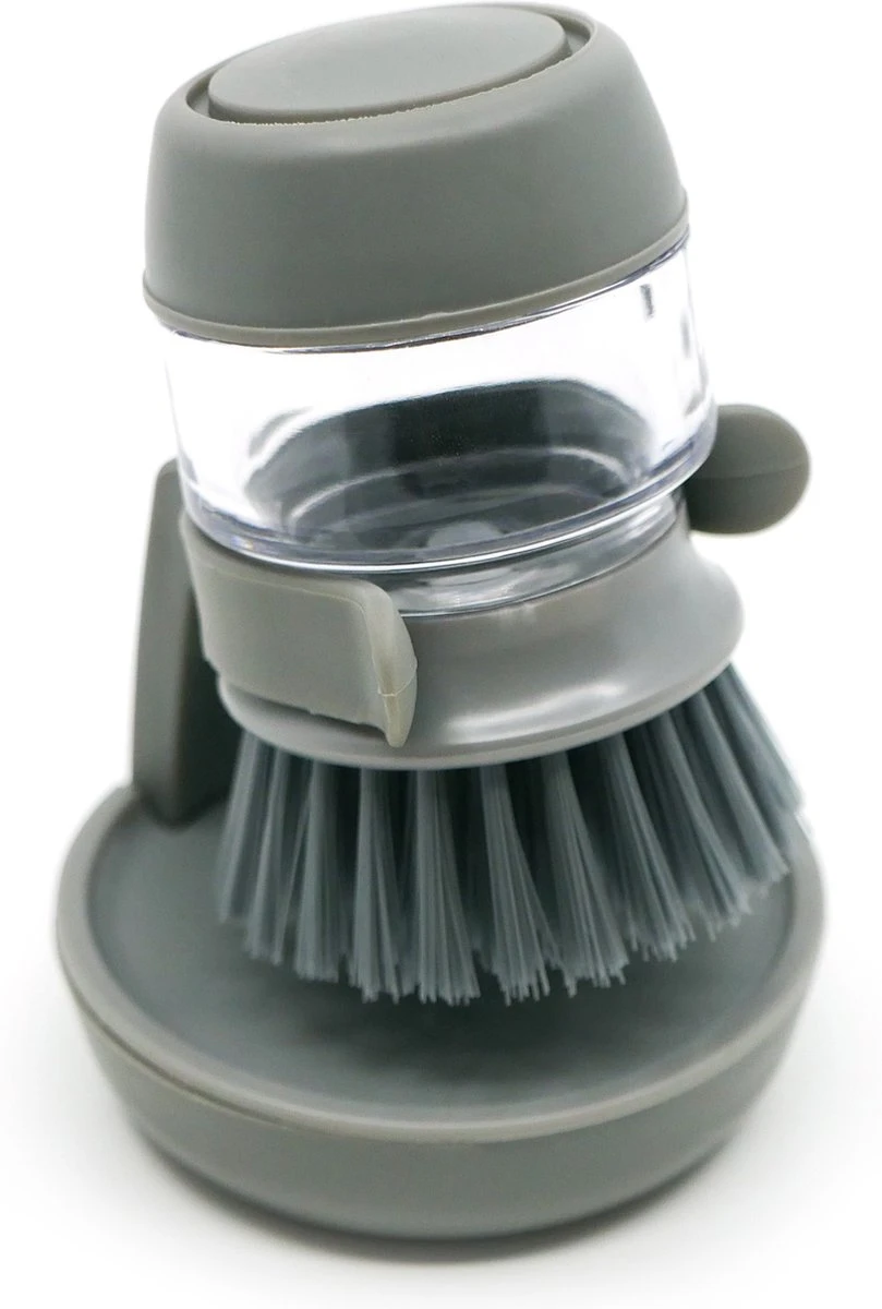 In Round Afwasborstel Met Zeepdispenser / Zeepreservoir – Inclusief Houder – Grijs – Afwas Borstel – Zeep Handborstel – Doseerpomp – Afwasmiddel Dispenser – Navulbaar